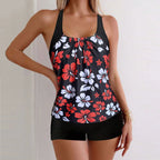Printed Flower Tankini Set  Girl Swimwear Adjustable Strap Vest Bra Female Flower Shorts Bikini Drawstring Women Beach Set - Matrix-studios.com