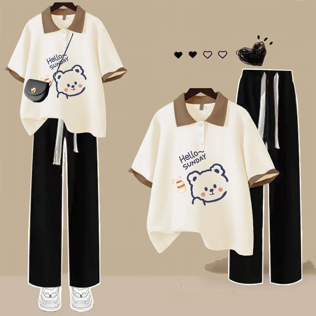 Fashion Polo Neck Short Sleeved T-shirt Cute Teddy Bear Loose Top Women Casual Tee - Matrix-studios.com