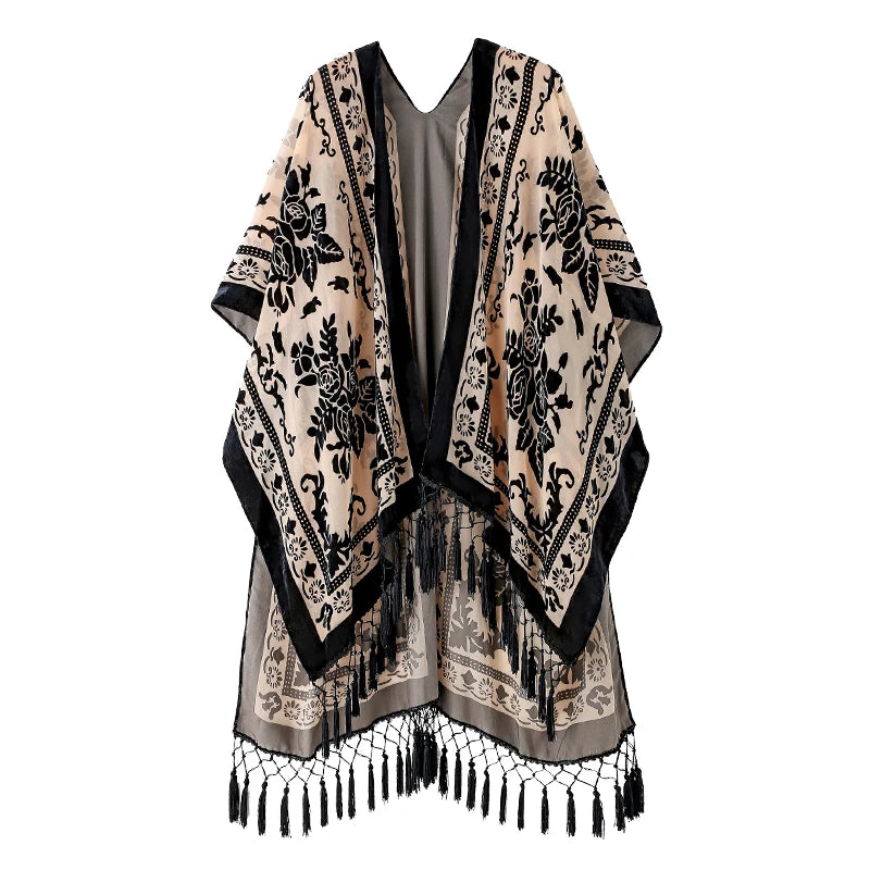 WeHello Burnout Velvet Kimono For Women Luxury Fashion Long Cardigan With Tassel Beach Cover-up Holiday Cardigan Shawl - Matrix Studios