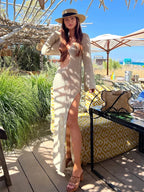 Solid Colour Beach Maxi Dress 2026 Women Summer Sexy Knit Flared Long Sleeve Slit Cut Out Swimsuit Cover Up Holiday Outfits K120 - Matrix Studios
