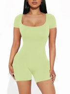 2025 Summer New Women's Sexy Solid Color Short Sleeve U Neck Jumpsuit Short Jumpsuit Yoga Fitness One Piece Polyester - Matrix Studios
