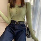Knitted Women Sweater Button O-neck Pullovers Spring Autumn Basic Sweaters for Female Pullover Slim Solid Bold Stripes Tops - Matrix Studios