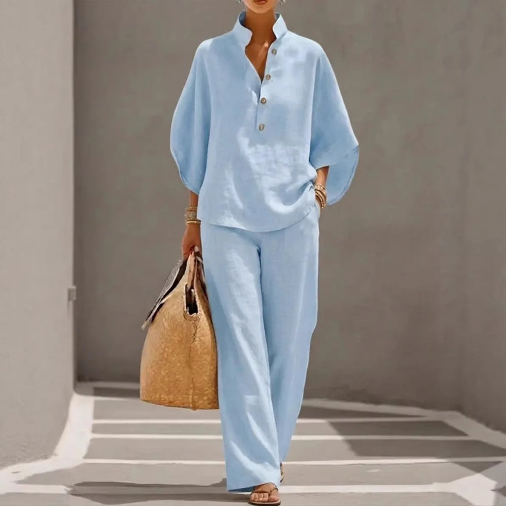 Fashion Cotton Linen  Pant Set  Women's Casual Stand Collar Button Top Wide Leg Trousers 2-piece Set Retro Female Office Suit - Matrix-studios.com