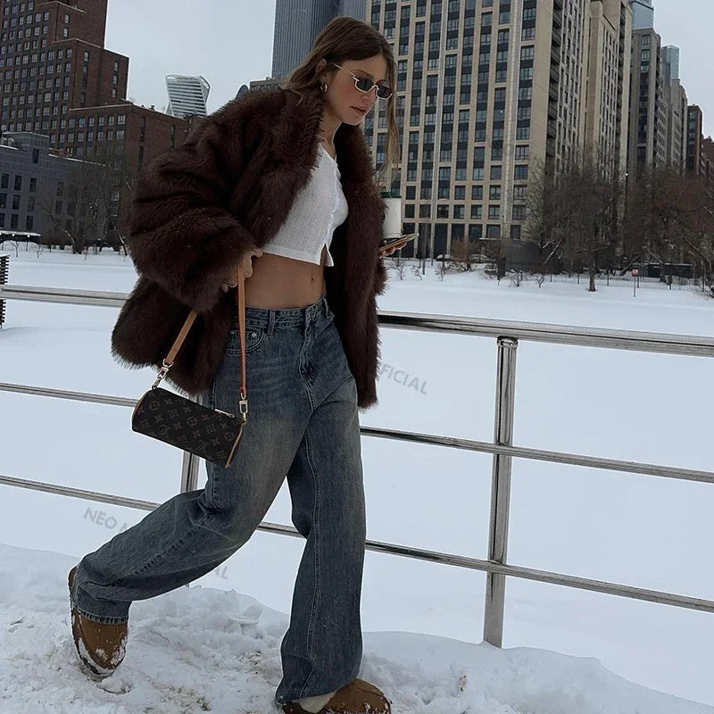 Neo Mint 2024 Winter Faux Fur Coat Women Brand Fashion Fluffy Fox Fur Outerwear Overcoat Girl Street Style Furry Warm Jacket - Matrix Studios