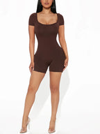 2025 Summer New Women's Sexy Solid Color Short Sleeve U Neck Jumpsuit Short Jumpsuit Yoga Fitness One Piece Polyester - Matrix Studios