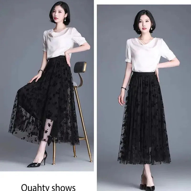 Gauze skirt floral half fairy skirt spring and summer new pleated A-line skirt in the long high waist thin gauze skirt - Matrix-studios.com