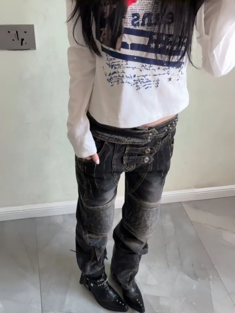 American Vintage Washed Distressed Pleated Button Jeans Women Streetwear Y2k Retro Full Length Pants Slim Spring Summer - Matrix-studios.com