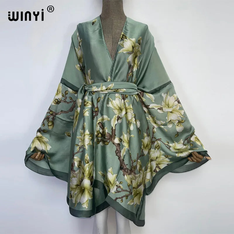 2022 WINYI Summer Beach Wear Swim Suit Cover Kaftan Sweet Lady Boho Cardigan Stitch Self Belted Sexy Holiday Long Sleeve Kimono - Matrix Studios