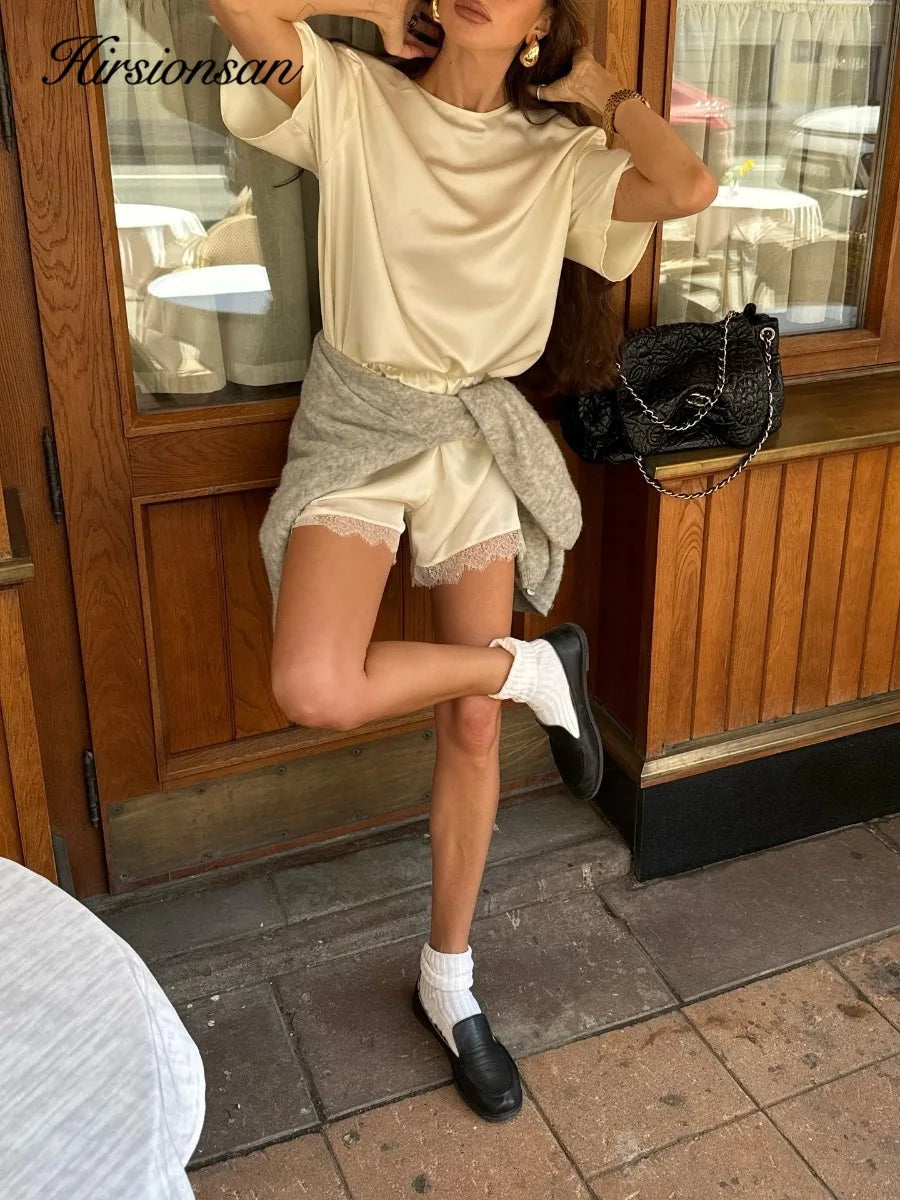 Hirsionsan Loose Sets Women Two Pieces Short Tops & Lace Patchwork Shorts Elegant Female High Quality Outfits Soft Tracksuit - Matrix-studios.com