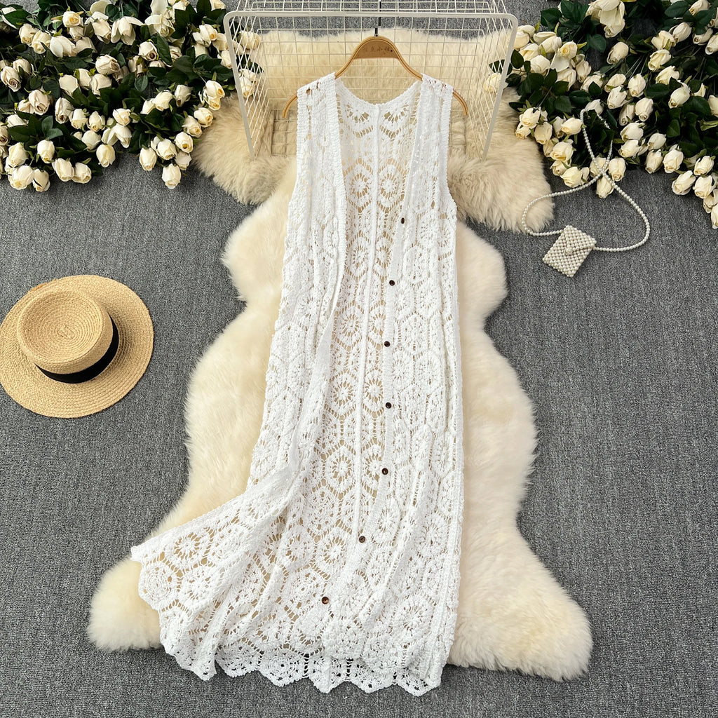Longline Crochet Cardigan Button Front Sleeveless Sheer Open-knit Long Cover-up Jacket Women Summer Beach Vacation Outfit - Matrix Studios