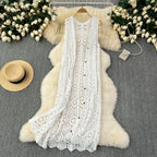 Longline Crochet Cardigan Button Front Sleeveless Sheer Open-knit Long Cover-up Jacket Women Summer Beach Vacation Outfit - Matrix Studios