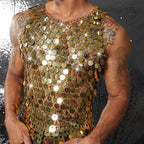 Sparkling Diamond Cut-Out See-Through Vest For Men - New Summer Style Sexy Nightclub Party Fishnet Beaded Outerwear Top - Matrix Studios