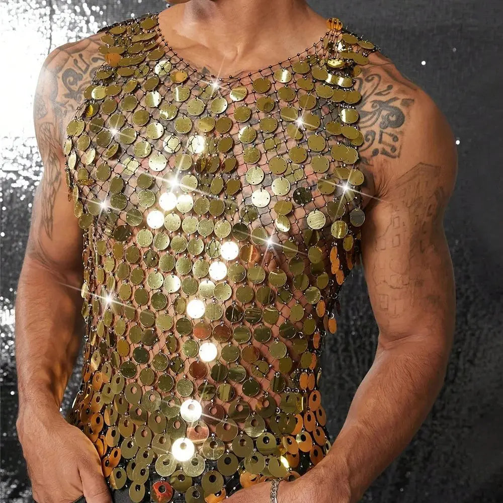 Sparkling Diamond Cut-Out See-Through Vest For Men - New Summer Style Sexy Nightclub Party Fishnet Beaded Outerwear Top - Matrix Studios