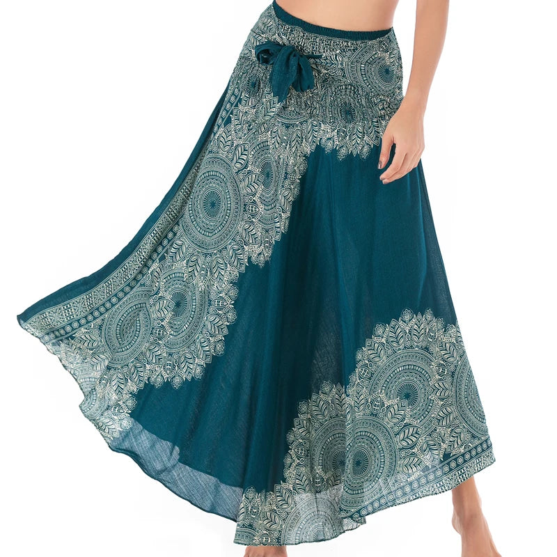 Boho Skirts Women Rayon Beach Long Dress Summer Bohemian Jupe Longue Femme Elastic Waist Print Floral Bandage Halter Hippie - Matrix Studios