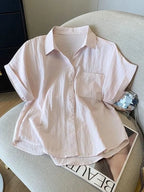 Blue  Neck Short Sleeve Shirt Women's Summer Loose Versatile Super Beautiful Blouse Small Figure Top Easy Care Fabric - Matrix-studios.com