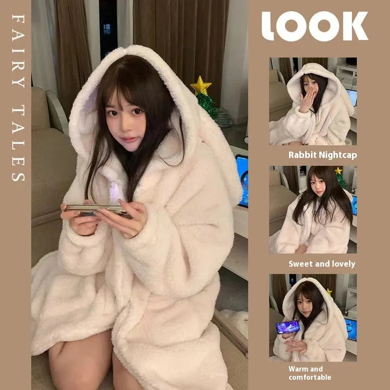 Autumn and Winter Ladies Warm Pajamas Homewear Rabbit Ears Ins Girls Student Pajamas Cartoon New Robe Bathrobe Homewear - Matrix-studios.com