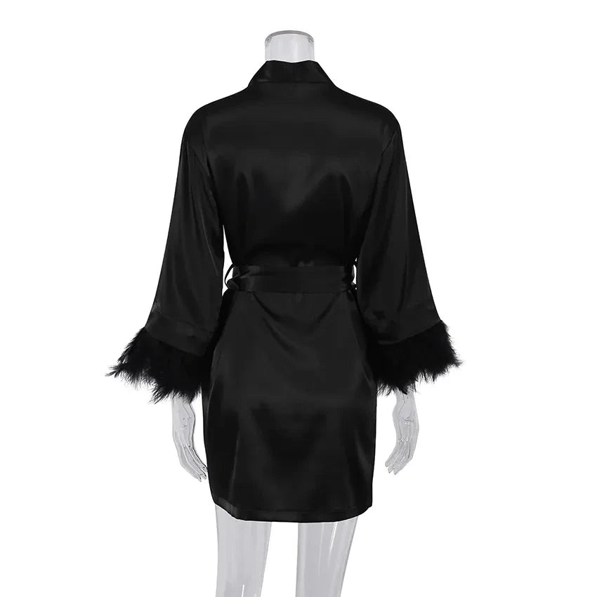 White Feather Robe With Fur Full Sleeves Sleepwear Satin Robes For Women Nightgown Bride Robe Gown Dress Bathrobe Female - Matrix-studios.com
