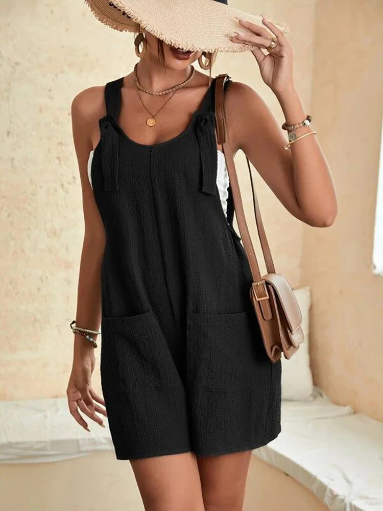 Women Summer Casual Short Rompers Elegant Solid Sleeveless Tie Knot Strap Jumpsuits Vintage Harajuku Loose Overalls with Pockets - Matrix Studios