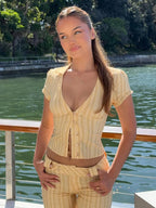Hugcitar Striped Print V Neck Polo Short Puff Sleeve Buttons Slim Crop T-Shirt Top Summer Women Fashion Clothes Vacation Party - Matrix-studios.com
