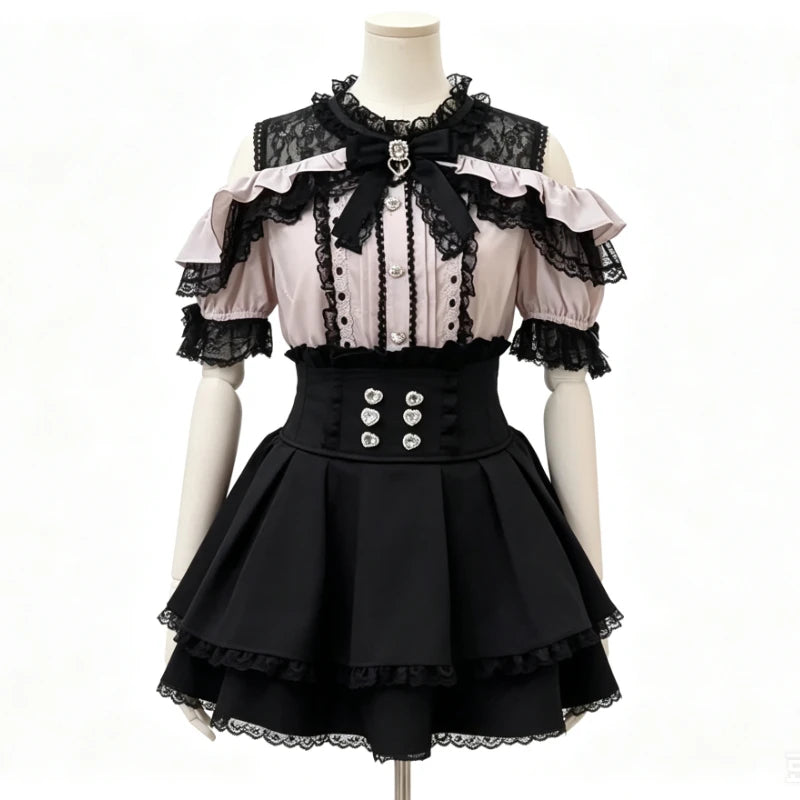 Y2k Japanese Kawaii Two-Piece Sets Long Sleeve Top + Short Skirt Sweet Women Casual Cute Print Bow Patchwork 2025 New Arrival - Matrix-studios.com