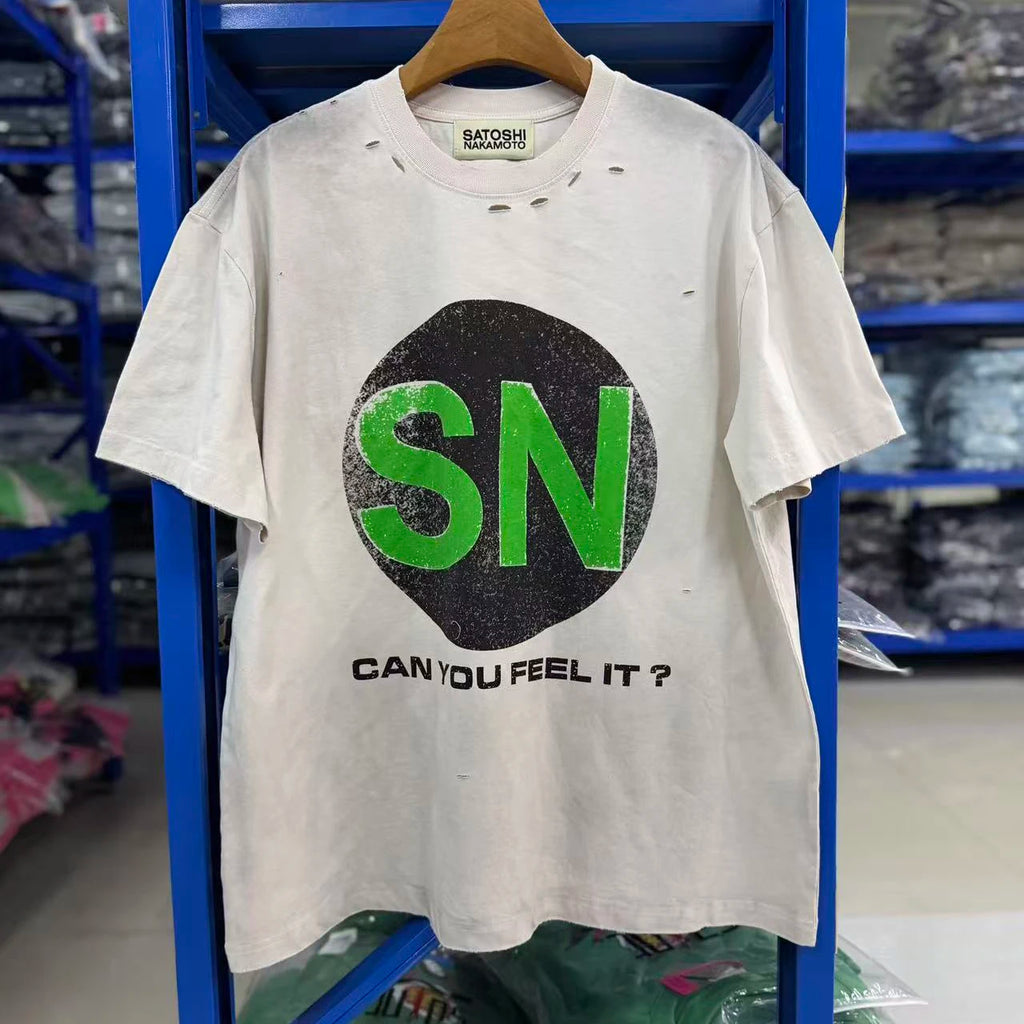 26SS Satoshi Nakamoto T-shirt Men's Multi-color Bead Letter Burst Pattern Print Washed Retro Loose Short Sleeve Streetwear - Matrix-studios.com