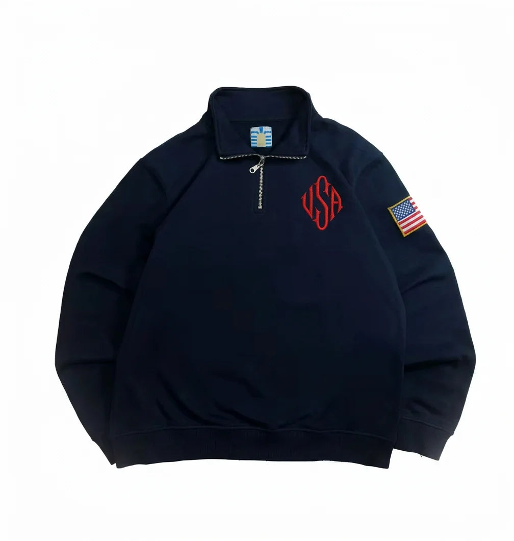 Y2K Navy Blue Quarter Zip Sweatshirt USA Embroidered American Flag Patch Jacket Men Women Vintage Streetwear Fashion Trend Top - Matrix Studios
