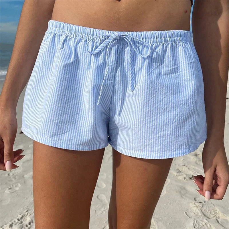 Casual Striped Shorts Women y2k Clothing Drawstring Elastic Waist Loose Fit Wide Leg Bottoms 2000s Aesthetic Streetwear - Matrix Studios