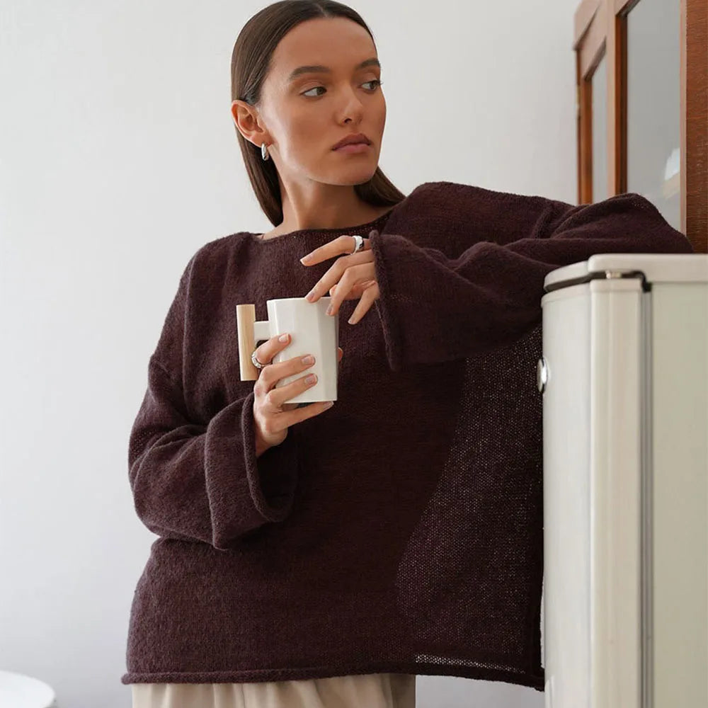 Talenza Hollow Knitted Sweater Pullover Women's Solid See-through O-Neck Long Sleeve Knitted T-Shirt Loose Casual Pullover 2026 - Matrix Studios
