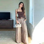 HXAO Women's Pants High Waist Wide Leg Pants with Belt Satin Long Trousers Pockets Casual Baggy Pants Summer Elegant Lady Pants