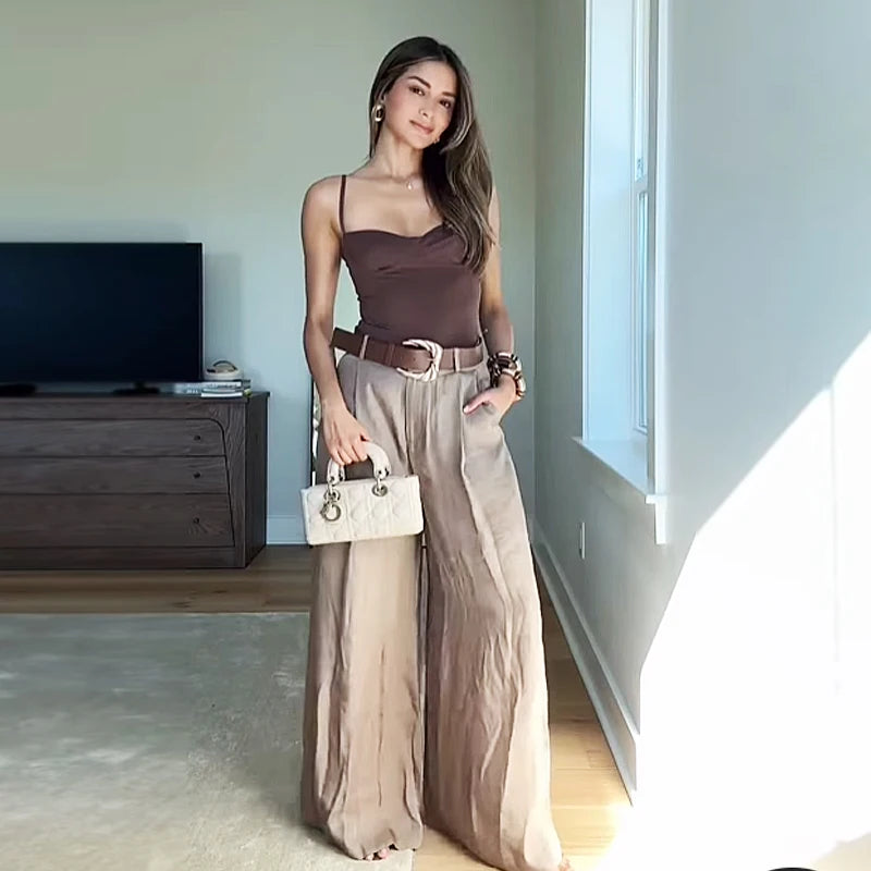 HXAO Women's Pants High Waist Wide Leg Pants with Belt Satin Long Trousers Pockets Casual Baggy Pants Summer Elegant Lady Pants
