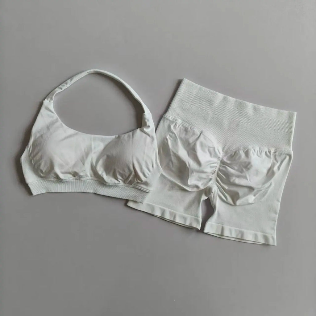 Sexy Halter Neck Beautiful Back High Waist Peach Sports Bras Shorts Suit Pilates Gathering Yoga Vest Training Fitness Bra Sets - Matrix-studios.com