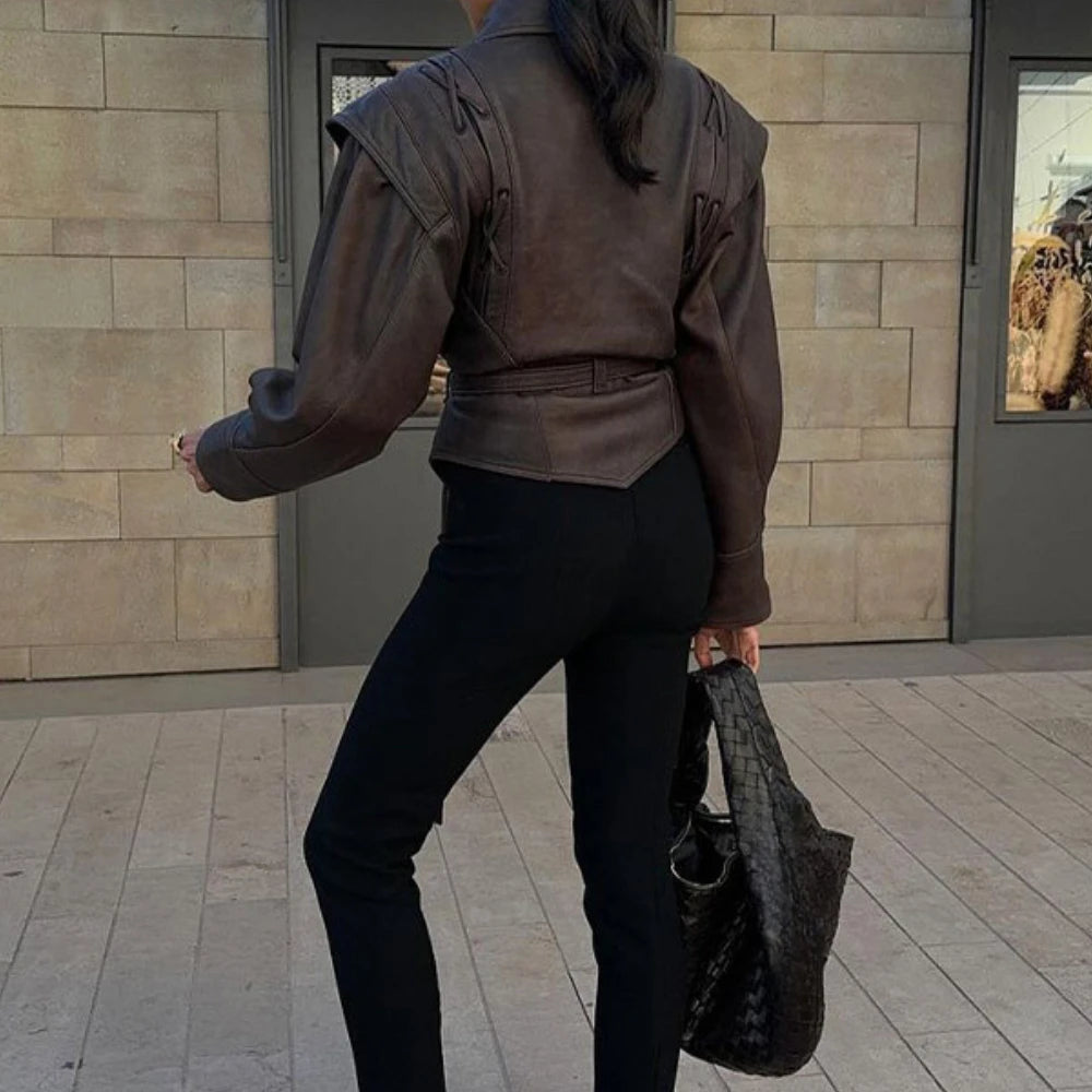 Suninheart Autumn and Winter Faux Leather Jackets for Women 2025 Dropped Shoulder Oversized Jacket Coat Belted Corset Jacket - Matrix Studios
