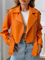 Ailegogo Spring Autumn Women Faux Pu Leather Short Jacket with Belt Motorcycle Biker Female Zipper Lapel Loose Coat Outwear - Matrix Studios