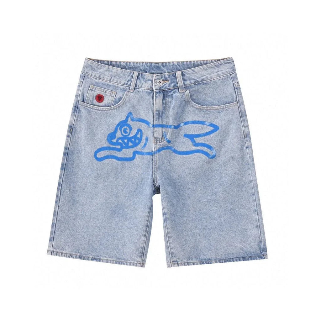 Y2k Summer Harajuku Hip-Hop Gothic Colored Flying Dog Printed Denim Shorts High Street Loose Casual Straight Cropped Jeans