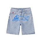 Y2k Summer Harajuku Hip-Hop Gothic Colored Flying Dog Printed Denim Shorts High Street Loose Casual Straight Cropped Jeans