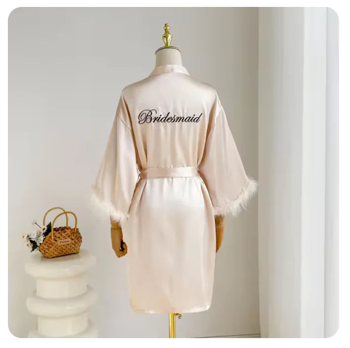 White Bride Wedding Robe with Feathers Women Satin Peignoir Sexy Bridesmids Kimono Gowns Short Bathrobe Bridal Intimate Lingerie - Matrix-studios.com