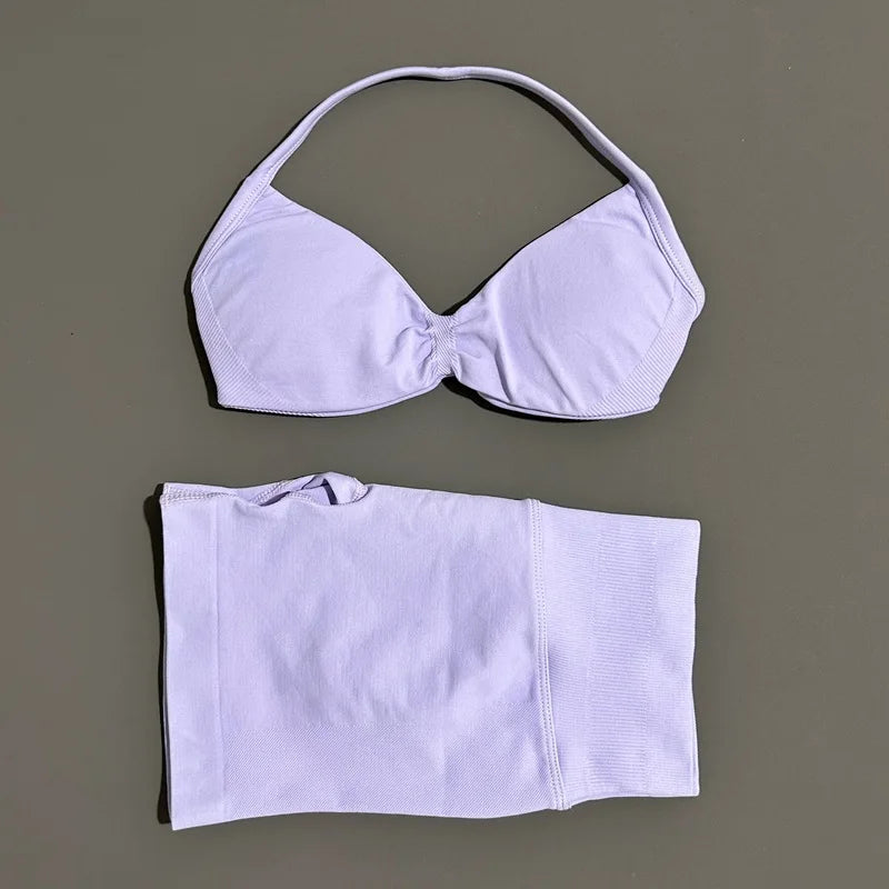 HISTELLO Gym Set 2 Piece Women Strappy Yoga Bra Top Workout Scrunch Shorts Sports Suit Fitness Clothes Seamless Yoga Set - Matrix-studios.com