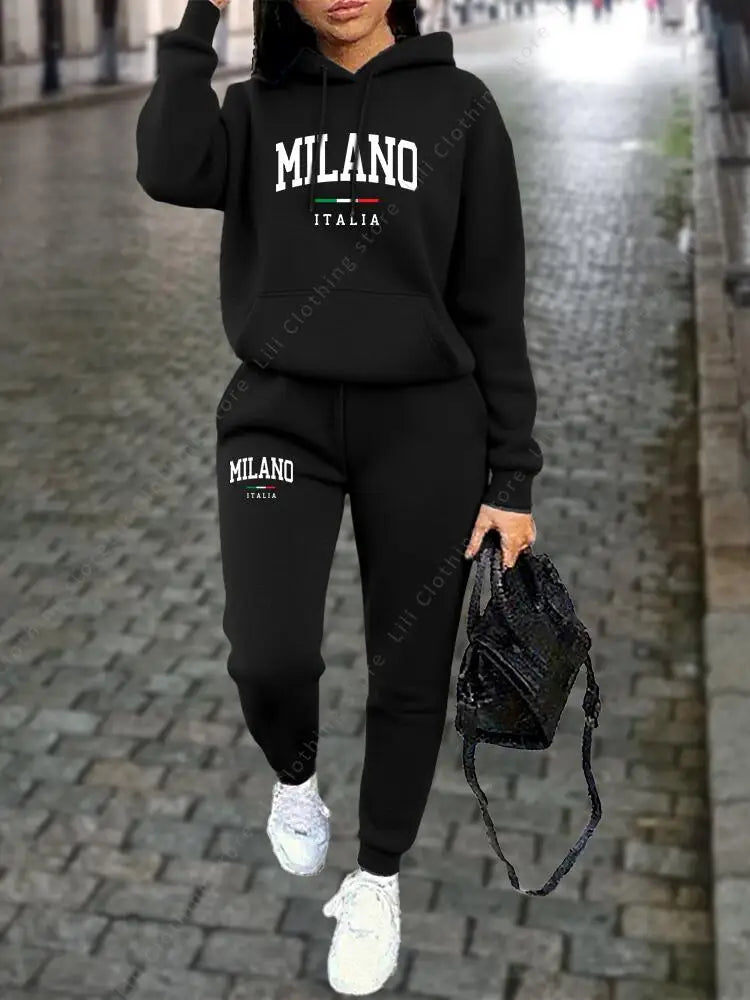 MILANO Pants Sets for Women Clothing High quality Sweatshirt Sweatpant Hoodie Suit 2 Piece Autumn Winter Outfits Woman Tracksuit - Matrix-studios.com