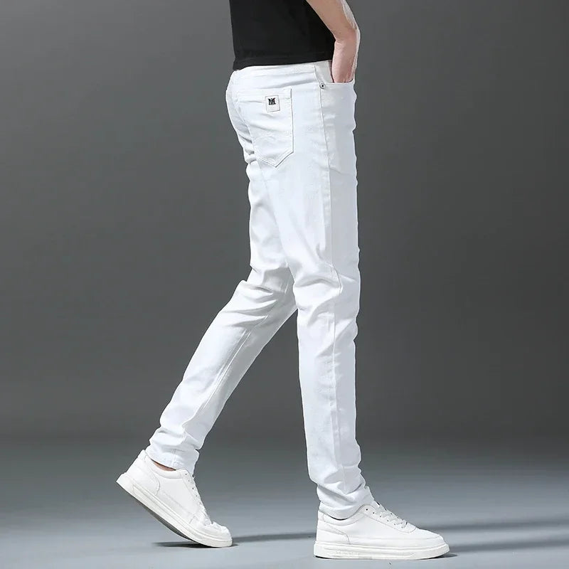 2026 Spring New Men Slim Jeans 98% Cotton White Stretch Straight Casual Fashion Pencil Pants High Quality Trousers Male Clothes - Matrix Studios