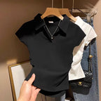 Polo TShirt Cotton Summer Sport T Shirt for Women Skinny Slim Basic Sexy Solid Grey Crop Top Short Sleeve  Casual Women Top Tee - Matrix-studios.com