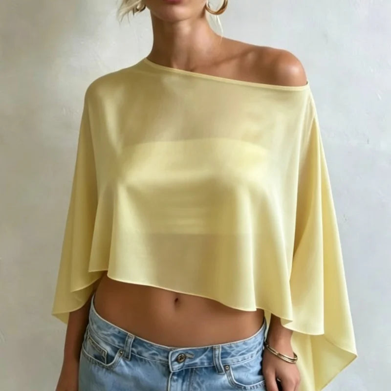 Women Sheer Mesh Poncho Top One Shoulder See Through Cape Blouse Asymmetrical Cover Up Beach Party Shrug Top - Matrix Studios