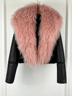 Janveny 2026 Winter Warm Faux Leather Sheepskin Coat Women Large Real Wool Fur Collar Zipper Slim Biker Pu Leather Short Jacket - Matrix Studios