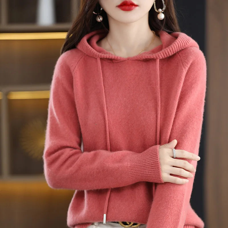 Hooded Sweater Fashion Women Autumn Winter Long Sleeve Solid Color Knitted Hoodies Lady Loose Drawstring Casual Pullover Hoodie - Matrix Studios