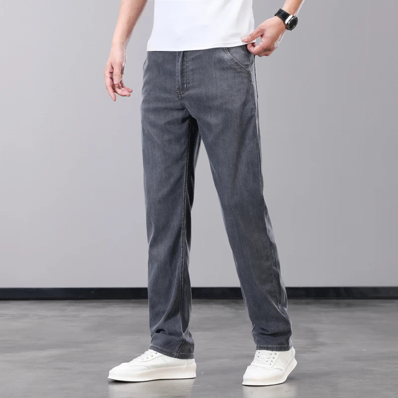 Summer Thin Men's Jeans Lyocell Fabric Soft Breathable Straight Denim Pants Brand Man Elastic Ice Silk Casual Trousers Grey Blue - Matrix Studios