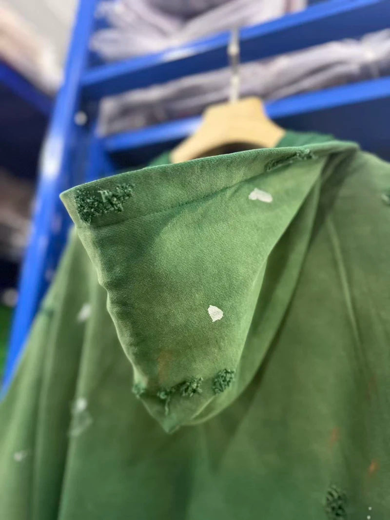 26ss Winter Green Oversize Street Outfit SATOSHI Jacket Washed Retro Distressed Splashed Ink Zipper Hoodie Men Women Loose Hoody - Matrix-studios.com