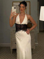 Mozision Summer Backless Sexy Maxi Dress Women Gown Patchwork Lace Halter Deep V Neck Sleeveless High Waist Elegant Long Dress - Matrix-studios.com