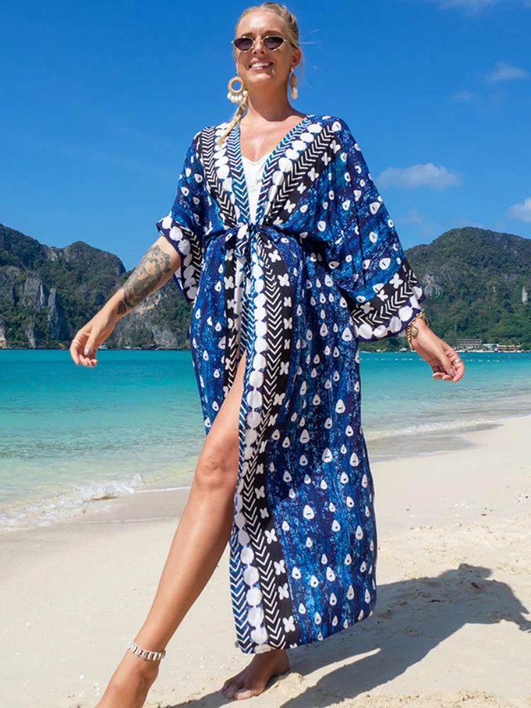 Swimsuit Cover Up Printed Kimono for Sea Boho Coverup Long Luxury Beach Outings Belted Swimwear Cape Holiday Bathing Suits Sales - Matrix Studios