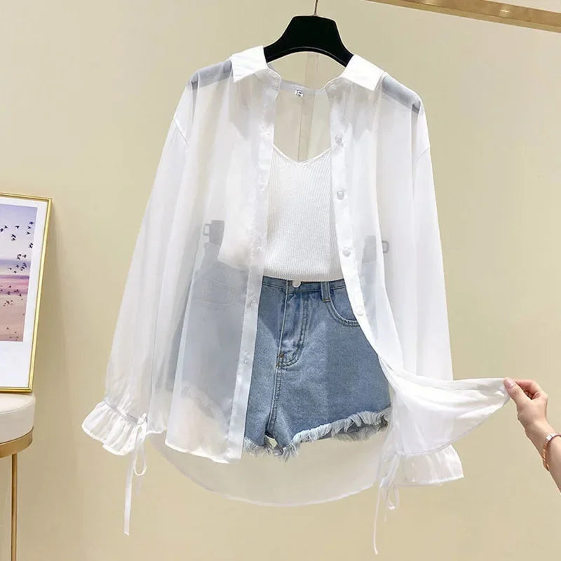 Smvp Chiffon Blouses for Women Summer Thin Loose Button-Up Sunscreen Shirt Woman Korean Fashion Bow Lace-up Long Sleeve Shirts - Matrix-studios.com