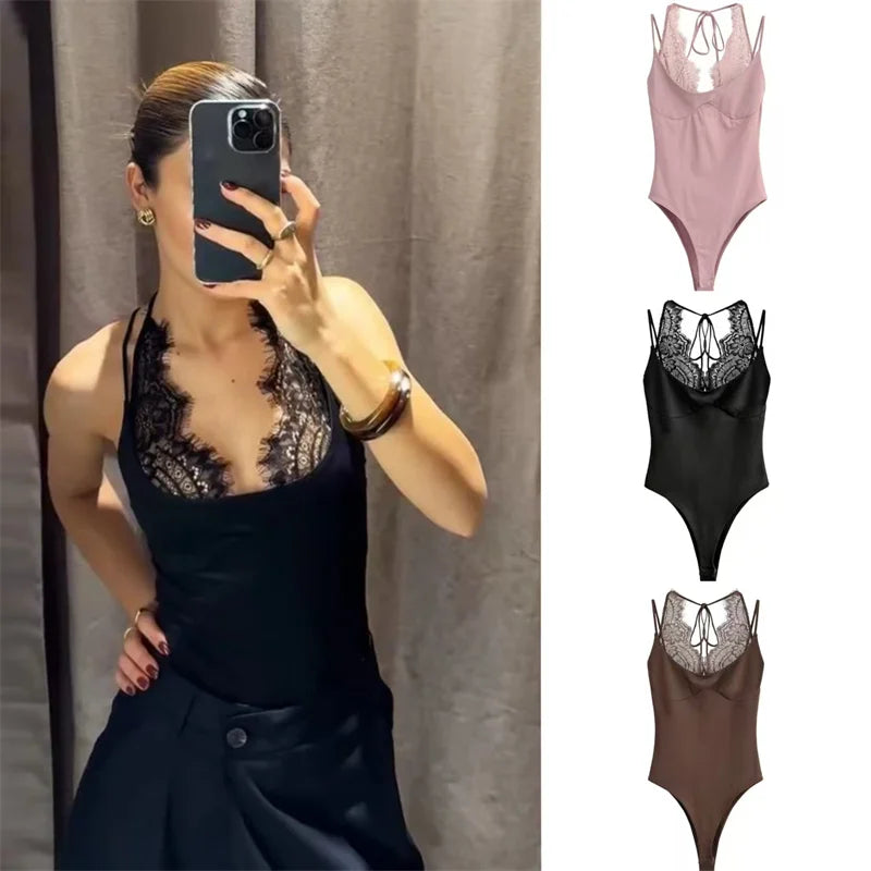 Women's Jumpsuit 2026 Spring New Solid Color Halter Neck Lace Splice Sexy Slim-Fit Romper Personalized Fashion - Matrix Studios