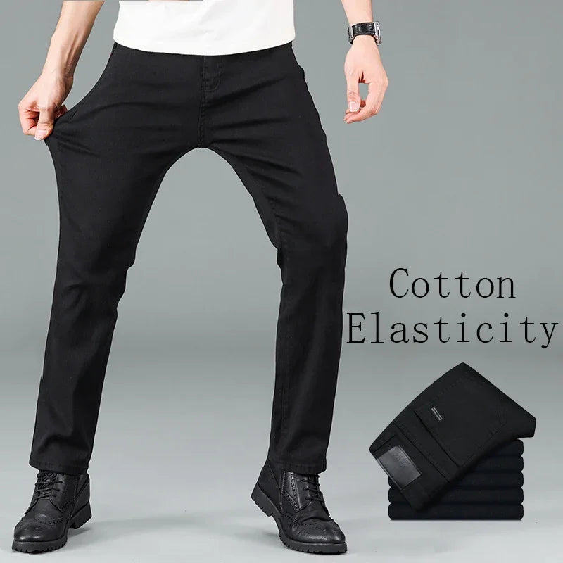 Men's Pure Black Slim Jeans Elastic Straight Pants Business Fashion Leisure Korean Vintage Skinny Small Feet Denim Pants Male - Matrix Studios